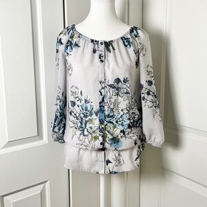 Van Heusen Gray & Blue Floral 3/4 Sleeve Boho Blouse – Lightweight & Flowy, XXS